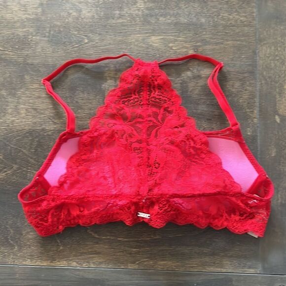 Pink Victorias Secret red lace date racerback wired bra padded Sz-32B - Picture 6 of 12